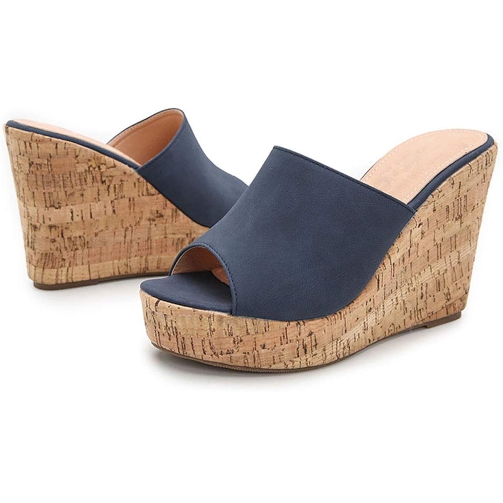 Cork Wedge Mules Platform Peep Toe, High Wedge 4.5” Microfiber Suede